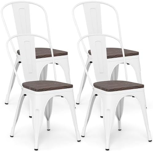 COSTWAY Stackable Metal Dining Chairs Set of 4 with Wood Seat and High Back