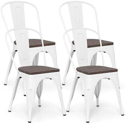 COSTWAY Stackable Metal Dining Chairs Set of 4 with Wood Seat and High Back