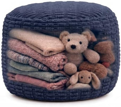 Round Pouf Ottoman Cover Only, Navy Blue, 24"x14", Corduroy Storage Cover