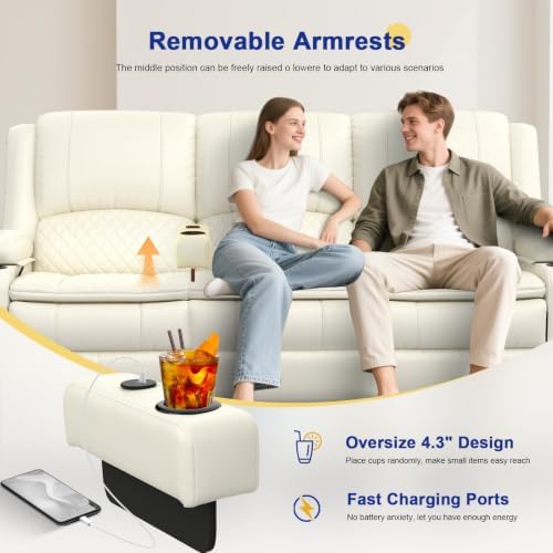3 Seater Reclining Sofa, Recliner Sofa with Liftable Console (Pu,White)