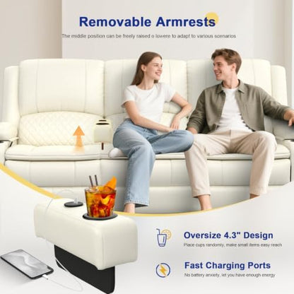 3 Seater Reclining Sofa, Recliner Sofa with Liftable Console (Pu,White)