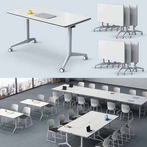 Folding Conference Table, Conference Room Tables with Wheels Foldable Large Rectangle Meeting Seminar Table for 6-12 People, Flip Top Mobile Training Table for Office Classr (6, White 2, 61in)