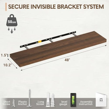 10 Inch Deep Floating Shelves for Wall 48” Set of 2, Walnut