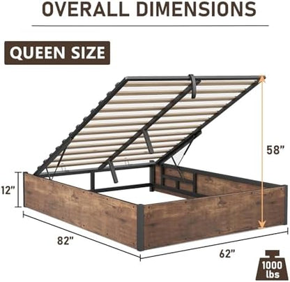 YUMPIE Queen Lift Up Storage Bed Frame, Rustic Brown