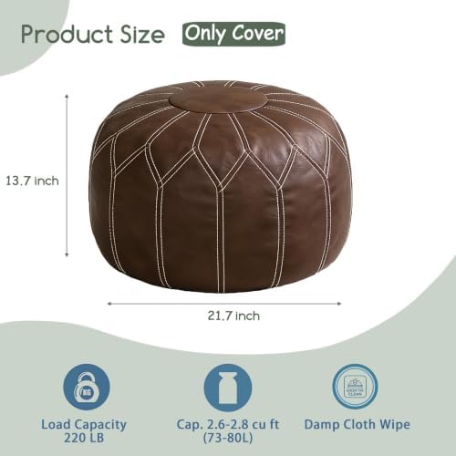 Thgonwid Round Unstuffed Pouf Cover, Faux Leather Storage Ottoman, Boho Moroccan Foot Stool, Multi-Purpose Home Decor for Living Room, Bedroom and Balcony, Deep Coffee, No Filling Included