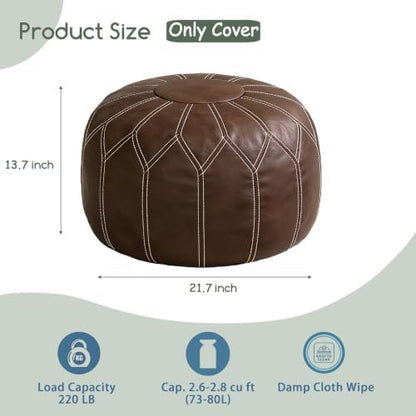 Thgonwid Round Unstuffed Pouf Cover, Faux Leather Storage Ottoman, Boho Moroccan Foot Stool, Multi-Purpose Home Decor for Living Room, Bedroom and Balcony, Deep Coffee, No Filling Included