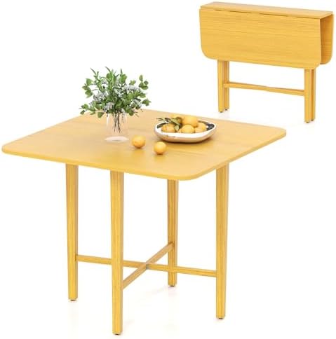 GIANTEX 36" Folding Dining Table for 2-4, Extendable Drop Leaf Kitchen Table with Solid Rubber Wood Frame, Space-Saving Dinner Table for Small Space, Living Dining Room, Dinette, Natural