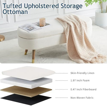 IAFIKE Oval Storage Bench 43.5" Ottoman Bench Upholstered Boucle Fabric Footrest Bench with Golden Metal Legs End of Bed for Bedroom, Living Room, Entryway,Bed Side (Ivory)