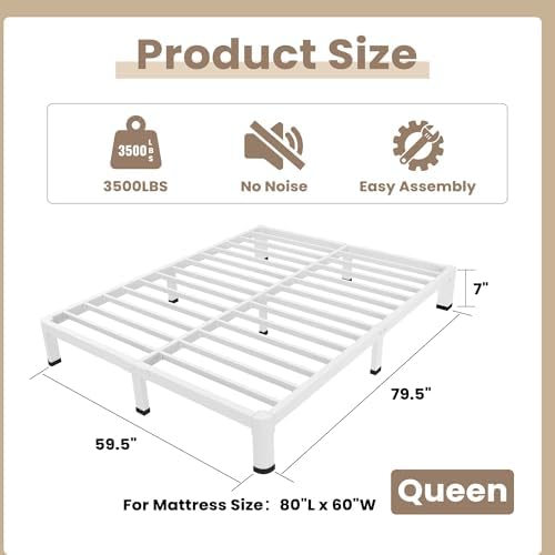 ROIL 7 Inch White Queen Bed Frame Low Profile Rounded Corner