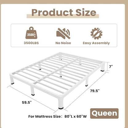 ROIL 7 Inch White Queen Bed Frame Low Profile Rounded Corner