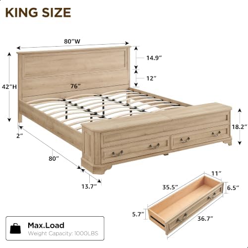 T4TREAM Farmhouse King Bed with Headboard and Storage Bench, Natural Oak