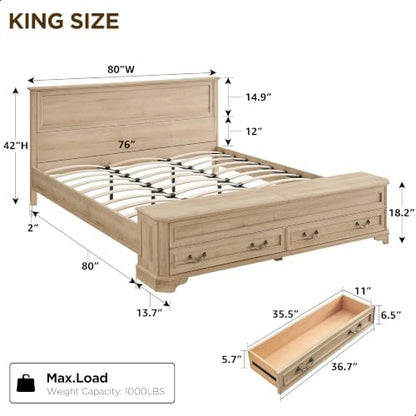 T4TREAM Farmhouse King Bed with Headboard and Storage Bench, Natural Oak
