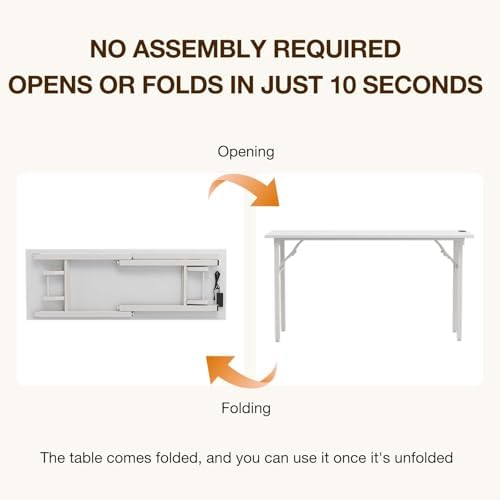 TEMI Long Computer Desk Folding Table - No Assembly, Compact 55.1" Foldable Desk with Power Outlets & USB Charging Port, Portable Lagre Office Desk, Ideal Large Study Table for Narrow Spaces,White Ash