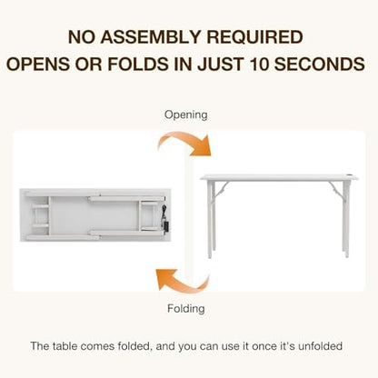 TEMI Long Computer Desk Folding Table - No Assembly, Compact 55.1" Foldable Desk with Power Outlets & USB Charging Port, Portable Lagre Office Desk, Ideal Large Study Table for Narrow Spaces,White Ash