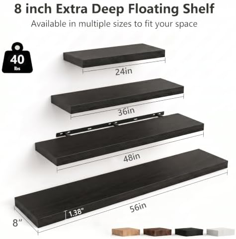 48" W×8" D Floating Shelves for Wall (Set of 2, Black Wood Grain)