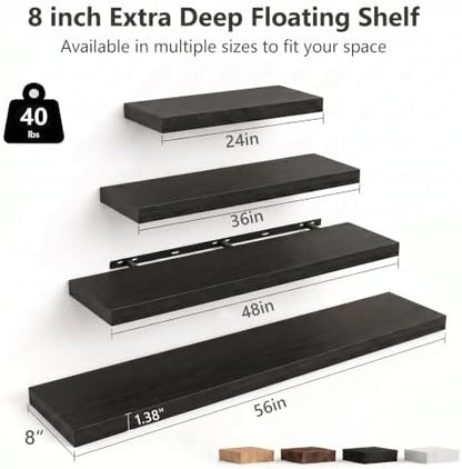 48" W×8" D Floating Shelves for Wall (Set of 2, Black Wood Grain)