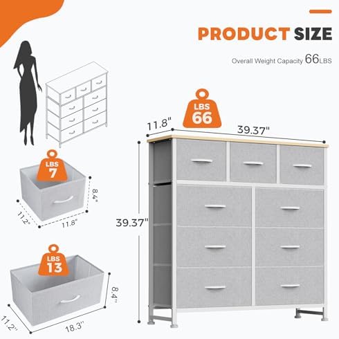 Sweetcrispy 9 Drawer Fabric Dresser Storage Tower Organizer, Light Grey