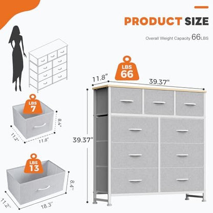 Sweetcrispy 9 Drawer Fabric Dresser Storage Tower Organizer, Light Grey
