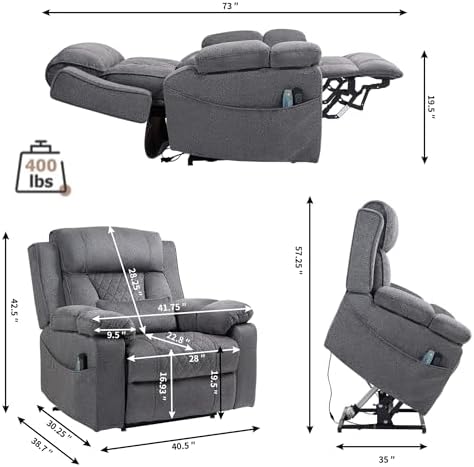 Oversized Recliner Chair for Big Man Lay Flat 180°, 28 Inch Extra Wide Power Lift Recliner with Heat Massage, Dual Motor, Flip Arm Storage Cup Holder for Elderly