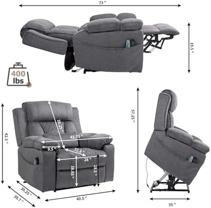 Oversized Recliner Chair for Big Man Lay Flat 180°, 28 Inch Extra Wide Power Lift Recliner with Heat Massage, Dual Motor, Flip Arm Storage Cup Holder for Elderly