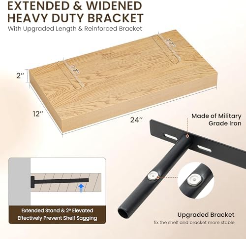 Dreamland 24" Floating Shelves for Wall, 12" Deep Thicker Oak Floating Shelves, Wall-Mounted Shelves for Bedroom, Living Room, Kitchen, Bathroom - Set of 2