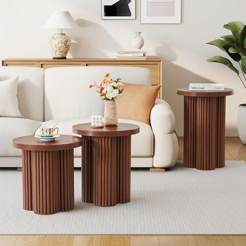 Round Nesting Coffee Table Set of 3 Fluted Coffee Table (Walnut)
