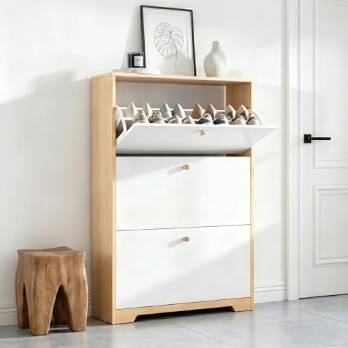 Nicetree Shoe Storage Cabinet with 3 Flip Drawer, Narrow Slim 3-Tier Shoe Organizer, Shoe Cabinet Storage for Entryway with Top Shelf and Hooks, Freestanding Wooden Shoe Rack, Natural Oak and White
