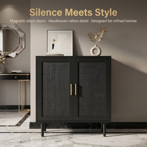 Finnhomy Sideboard Buffet Kitchen Storage Cabinet with Black Painted Rattan Decorated Doors, Dining Room, Hallway, Cupboard Console Table, Liquor/Accent Cabinet, 31.5X 15.8X 34.6 Inches, Black