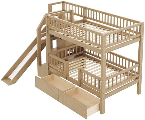 Twin Over Twin Bunk Bed with Storage Staircase, Slide and 2 Drawers,for Kids Teens Adults (Walnut#Slide, Twin Over Twin)