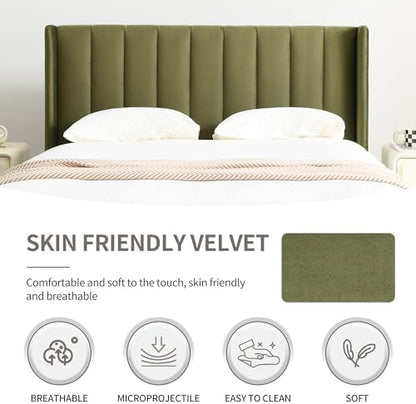 YUHUASHI Full Bed Frame，Platform Bed with Upholstered Headboard，Grass Green
