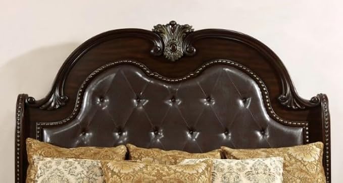 First of a Kind Fromberg 5 Piece Queen Size Bedroom Furniture Set in Brown Cherry - Traditional Leatherette Camelback Bed with Marble Top Bedroom Collection