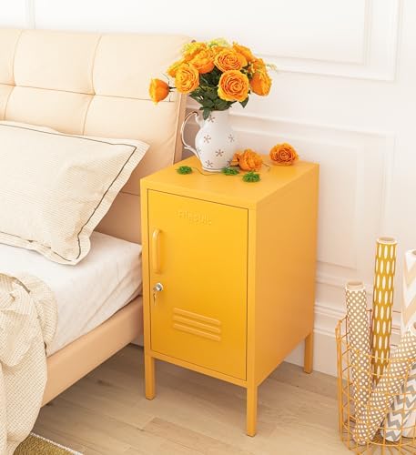 Single Door Coffee Table Lockable Metal Storage Cabinet, 2-Tier Children's Nightstand with Adjustable Shelf, Easy Assembly Side Table for Home, Office, Entryway & Hallway Yellow