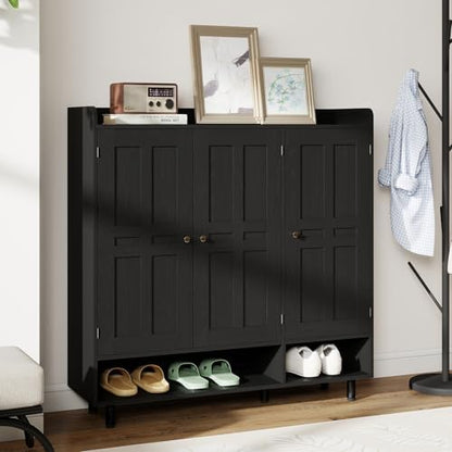 Shoe Cabinet with 3 Doors and Adjustable Shelves, Large Shoe Storage Cabinet for 24–30 Pairs, Modern Farmhouse Shoe Organizer with Open Bottom Shelf for Entryway, Living Room, Black