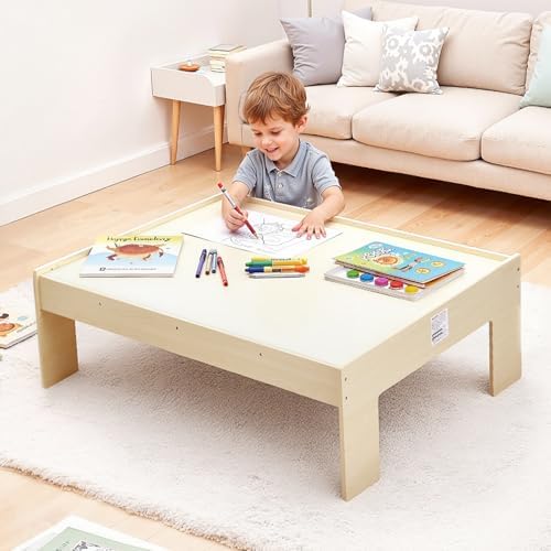 VEVOR Train Table, 120 Multicolor Pieces Wooden Kids Activity Table with Collapsible Storage Bin, 3-in-1 Wooden Train Set for Gaming, Drawing, Reading, Eating, Creative Toy Set for Kids Ages 3+