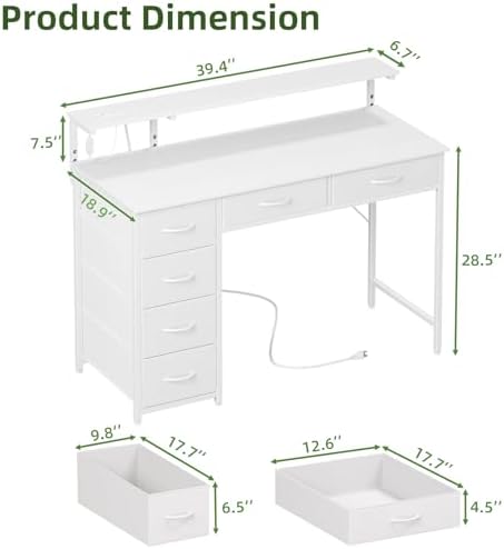 Somdot Computer Desk with Power Outlet and LED Lights, Desk with 6 Drawers