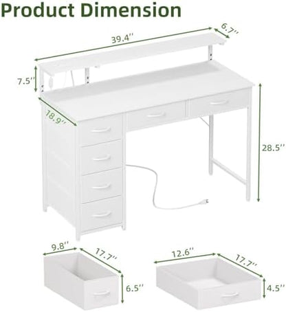 Somdot Computer Desk with Power Outlet and LED Lights, Desk with 6 Drawers