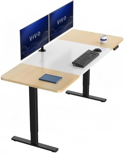 VIVO Electric Standing Desk, Smooth 3-Pc 71" x 30" White/Light Wood Top