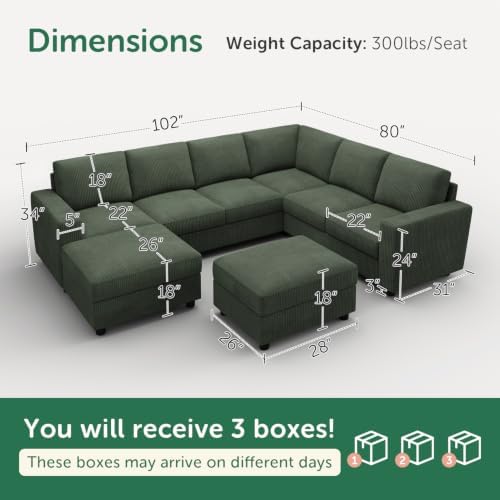HONBAY Corduroy Sectional Couch with Storage, 8 Seater U Shaped Sectional Sofa Sectional Couches for Living Room, Green