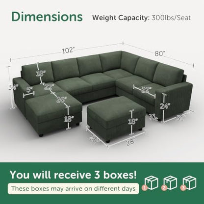 HONBAY Corduroy Sectional Couch with Storage, 8 Seater U Shaped Sectional Sofa Sectional Couches for Living Room, Green