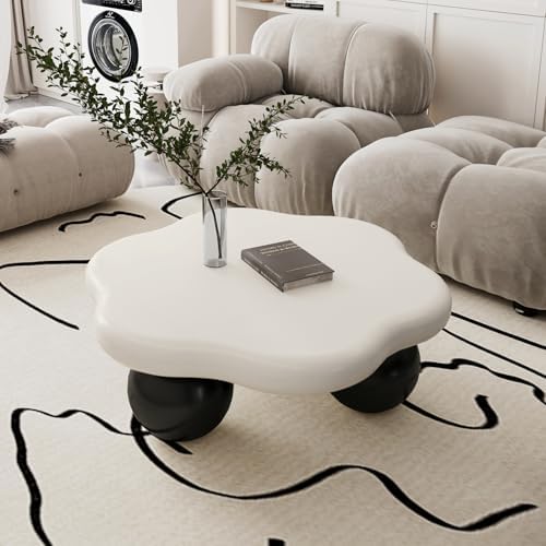 35" Contrast Color Cloud Shaped Coffee Table, Petal-Shaped Modern Minimalist Coffee Table with Spherical Legs, Kid & Pet Friendly Living Room Table for Small Apartment