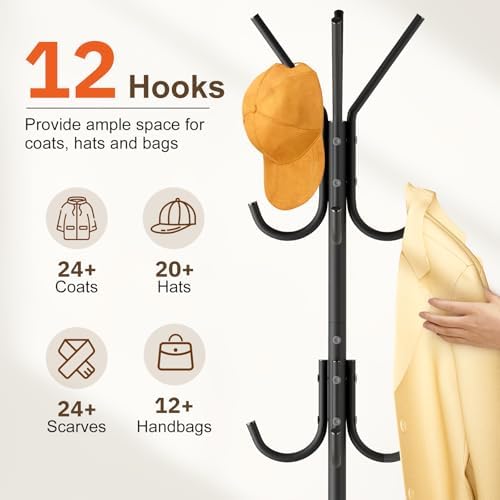 MISSLO Heavy Duty Coat Rack Freestanding with Stable Wood Base Modern Coat Tree with 12 Hooks Adjustable Coats Hanger Stand Stylish Standing Clothes Tree for Entryway Bedroom Corner Hall (Black)