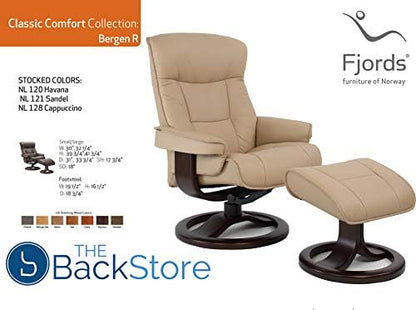 Fjords 775 Bergen Small Recliner and Ottoman Norwegian Ergonomic Scandinavian Lounge Reclining Chair Furniture Nordic Line Genuine Sandel Light Brown Leather Espresso Wood