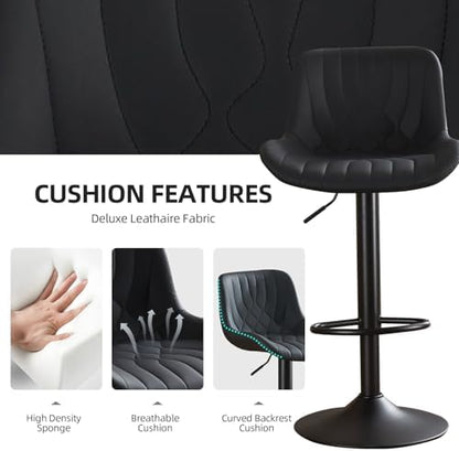 Modern Bar Stools Set of 6, Adjustable Swivel Counter Height Kitchen Bar Stools with Backrest, Faux Leather Padded Seats, Kitchen Island Chairs for Breakfast Bar, Black