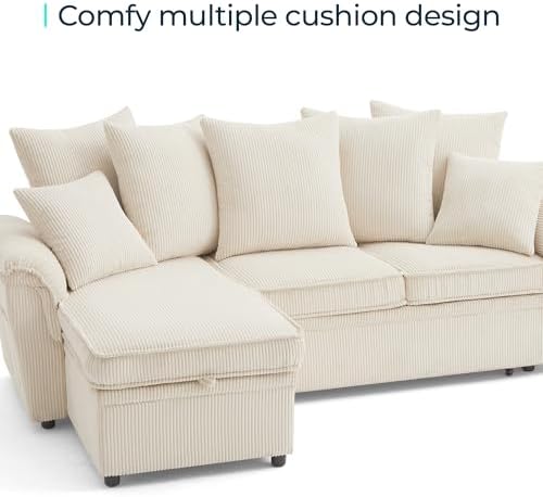 LINSY HOME Sectional Couch with Pull Out Bed, Large Corduroy Modular Loveseat Sleeper Sofa, Wide Armrest, 62" 2 Seats Sectional Couch for Living Room, Beige