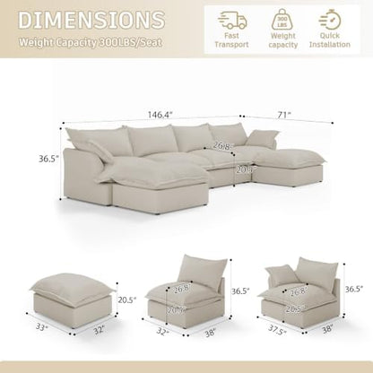 Cloud Modular Sectional Sofa,Down Filled Oversize Couch for Living Room,Deep Seat Convertible Couches,Sofa Covers Washable&Replaceable(4 Seater and 2 Ottoman,Grey)