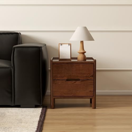 Solid Wood Oak Nightstand, Mid Century Modern Night Stand with 2 Drawer, Small Nightstand for Small Spaces, Wood Side End Tables Living Room, Bedroom(Walnut, 17.13" H)