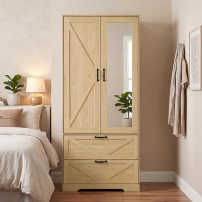 72" Wardrobe Closet with Mirror, Bedroom Armoire with Drawers, Hanging Rod and LED Light, Farmhouse Wooden Clothes Storage Cabinet for Bedroom, Guest Room, Apartment,Natural