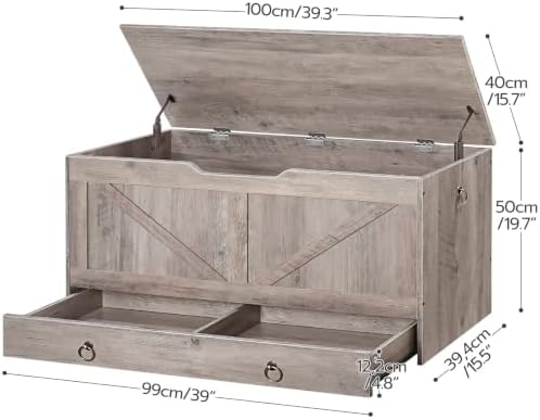 HOOBRO Storage Chest, 39.3" Toy Chest with Drawer, Wooden Storage Bench, Sturdy Entryway Bench Supports 330 lb, Safety Hinge, U-Shaped Opening, Easy Assembly, Greige BG710CW01G2