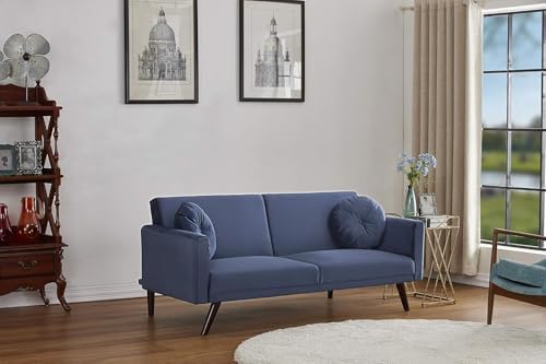 Container Furniture Direct 72 Inch Retro Convertible Futon Sofa Bed with Velvet Upholstery, Mid Century Modern 2-in-1 Sleeper Couch with Reclining Backrest, Solid Wood Frame, Dark Blue