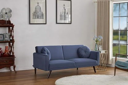 Container Furniture Direct 72 Inch Retro Convertible Futon Sofa Bed with Velvet Upholstery, Mid Century Modern 2-in-1 Sleeper Couch with Reclining Backrest, Solid Wood Frame, Dark Blue